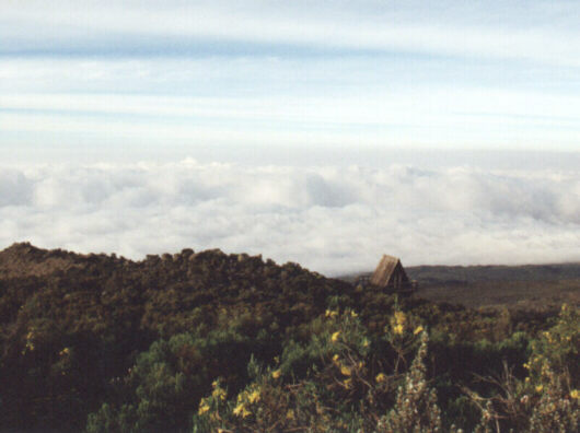Utsikt frå Horombo Hut. Tanzania ligg under skyene.