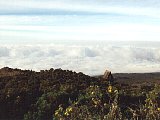 Utsikt frå Horombo Hut. Tanzania ligg under skyene.